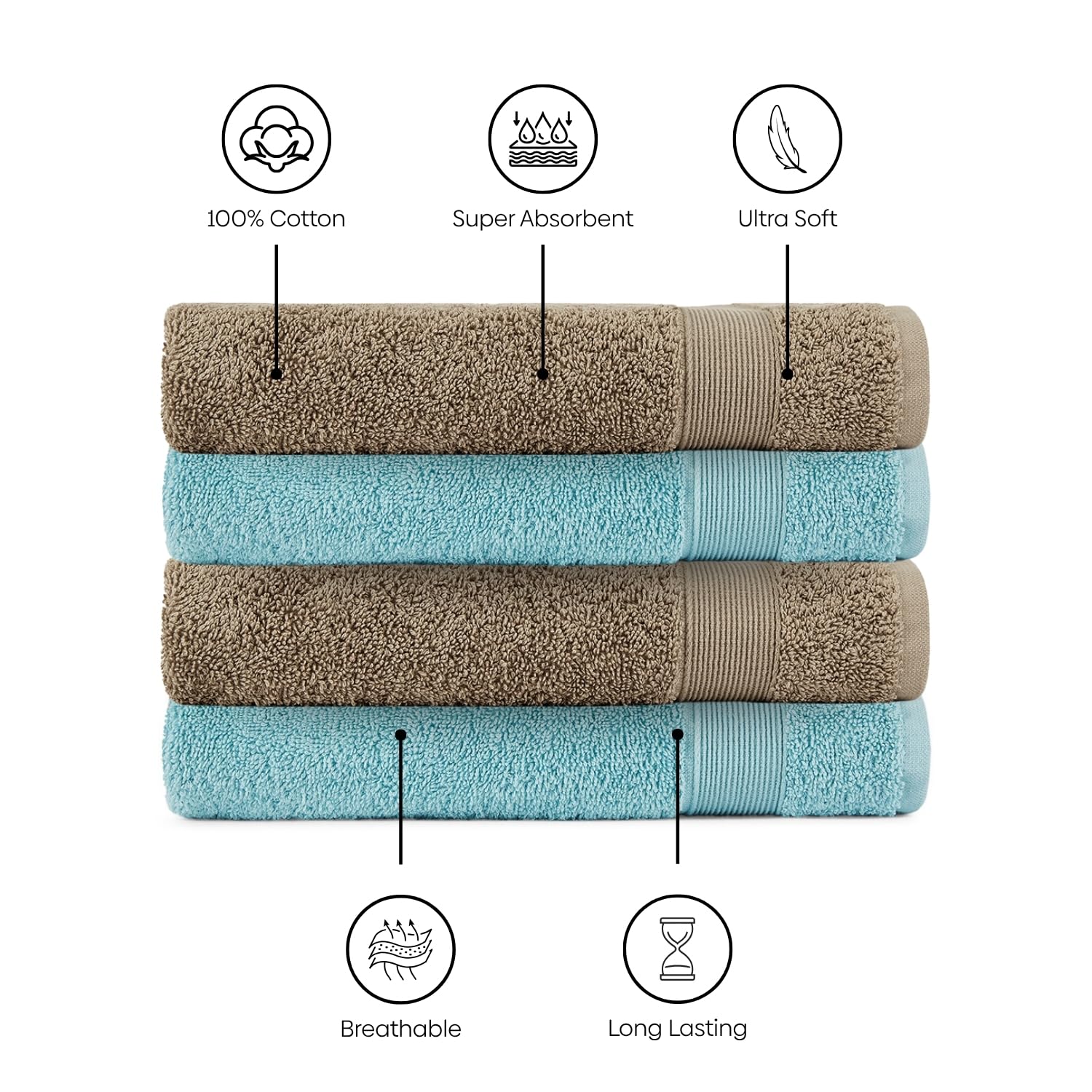 Haus & Kinder Harmony Combed Hand Towel 500 Gsm | Ultra Soft, Absorbent 100% Cotton Towels For Men & Women | Blue & Taupe (Pack Of 4)