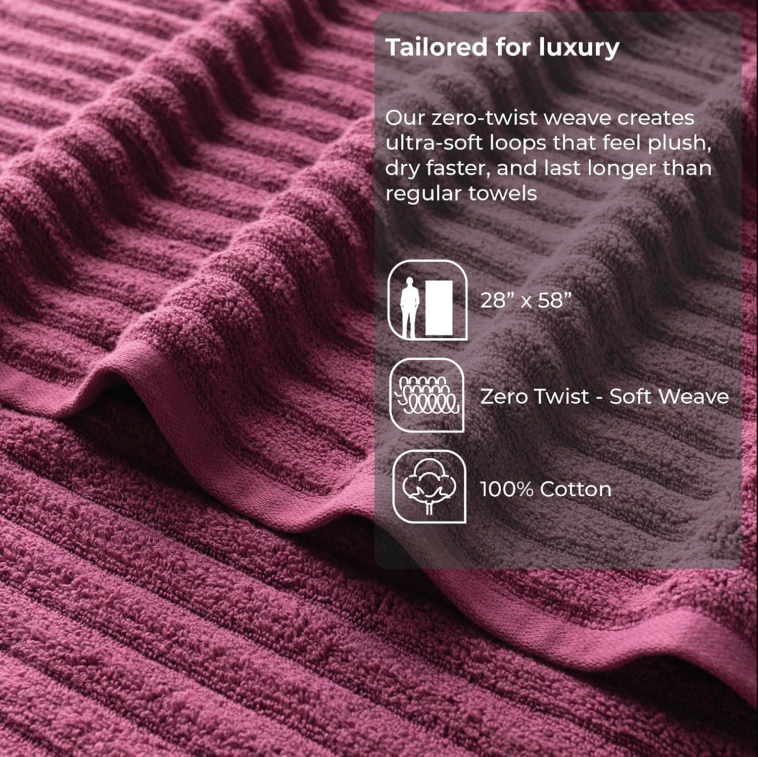 Vilasiya 100% Cotton Elace Ribbed Style Bath Towel 600 Gsm | Zero Twist Yarn Luxurious Soft, Extra Absorbent & Plushy (Purple)