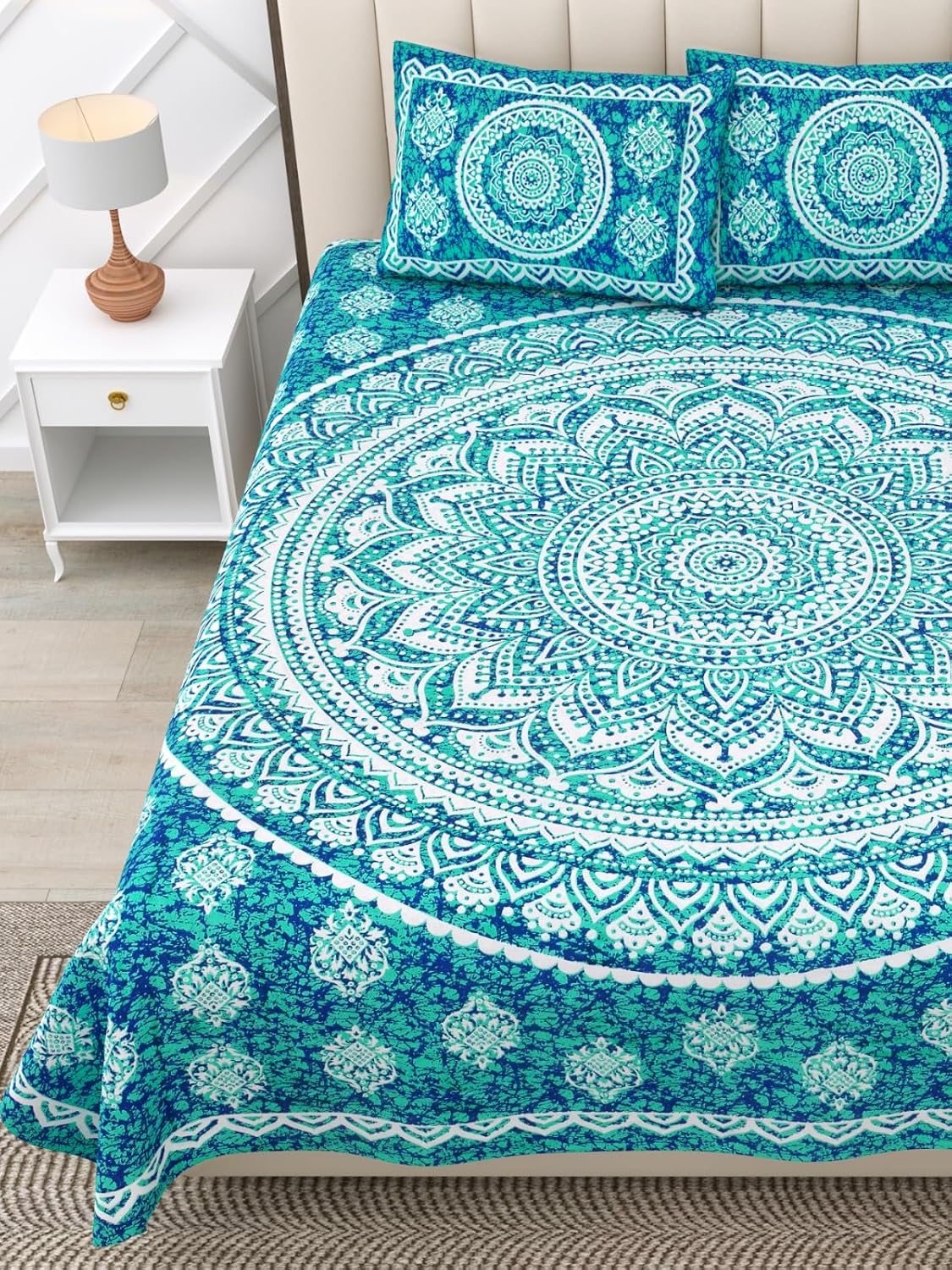 Pure 100% Cotton Double Bed Sheet With 2 Pillow Covers - 90 X 100 Inches, Blue & White | Beautifully Handcrafted Traditional Bedsheets - Skin Friendly Fabric