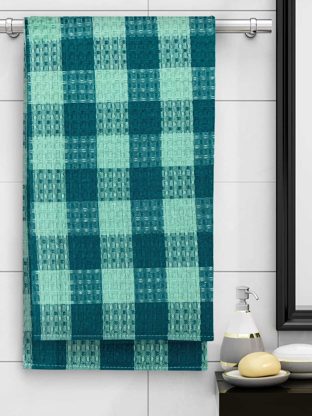 Athom Living Premium Cotton Light Weight Quick-Dry High Absorbent Cotton Bath Towel 250 Gsm, | Green Checks