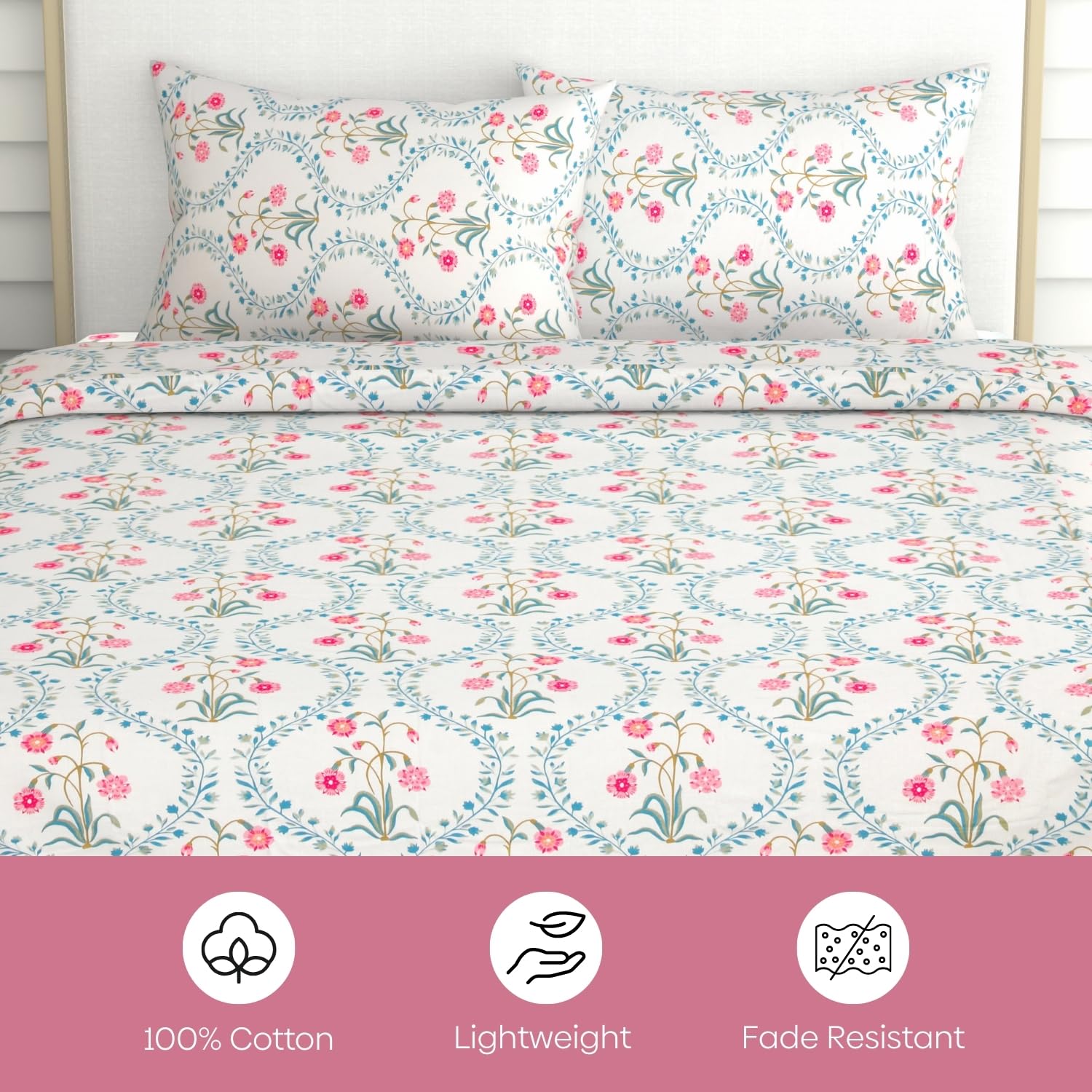Bedsheet Double Bed For Queen Size - 100 X 90 Inches 2 Pillow Cover, Off White & Pink | Ideal For Everyday Use | Soft, Skin-Friendly & Durable Cotton Fabric