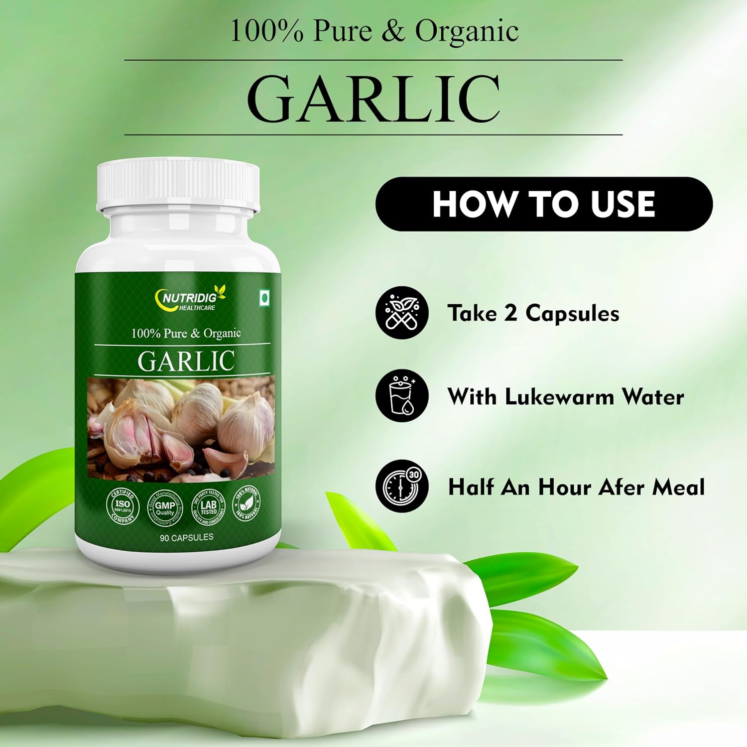 Nutridig's Garlic Extract Capsules, For Manage Cholesterol Level, Healthy Heart, Immunity & General Wellness | 90 Capsules 100gm 0.2lbs
