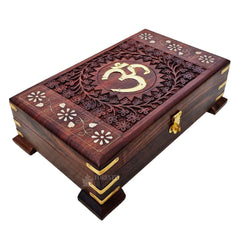 Wooden Om Box For Good Luck Jewellery Box, Decorative Case Kit, Vanity | Organiser For Women, Necklaces, Cash, Gold 10 X 6 Om Pedestal, Colour - Brown, Material - Sheesham Wood