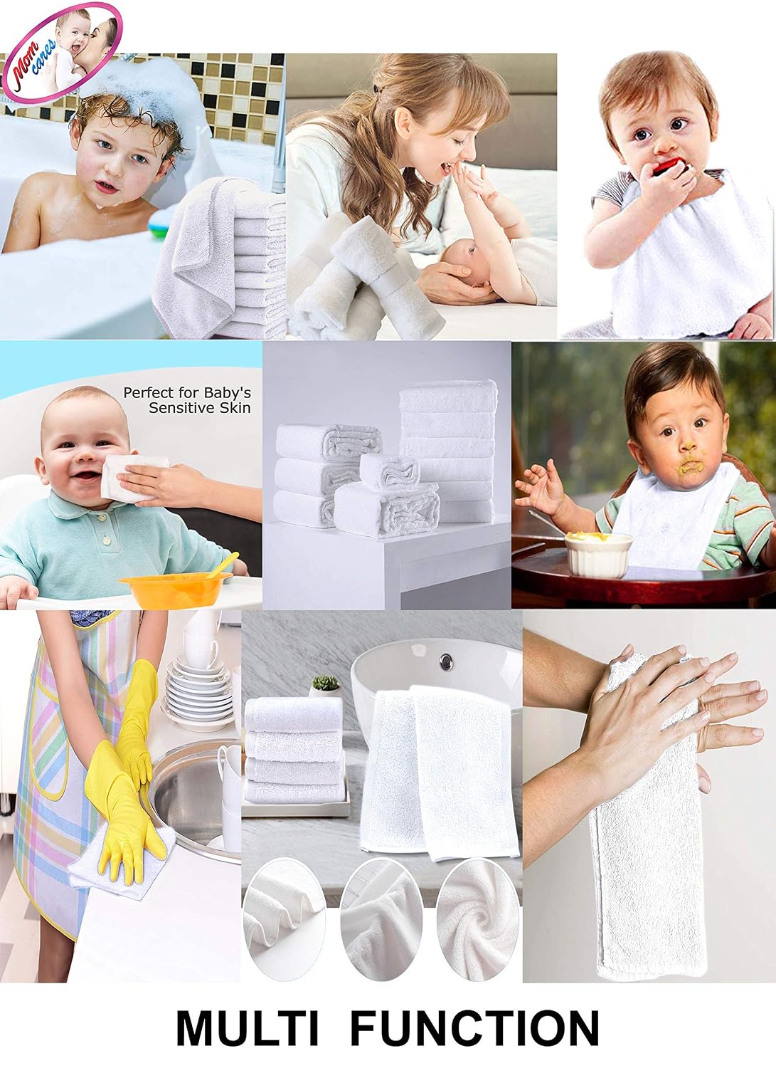 Mom Care Cotton Hand Towel 1800 Gsm | Soft Reusable Napkins Good Water Absorbency Soft & Fluffy Cotton Towel (White) - 12 Pcs