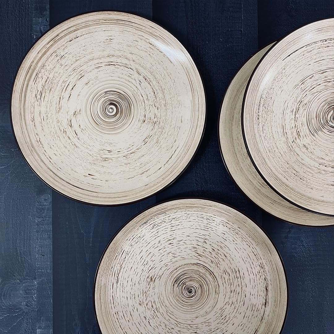Iris Beige Handcrafted Ceramic Dinner Set - 10 Pieces | 4 Dinner Plates + 4 Katori Bowls, 180ml Each+ 2 Serving Bowls, 800ml Each Dinnerware Set | Serving For 4, Microwave Safe & Dishwasher Safe