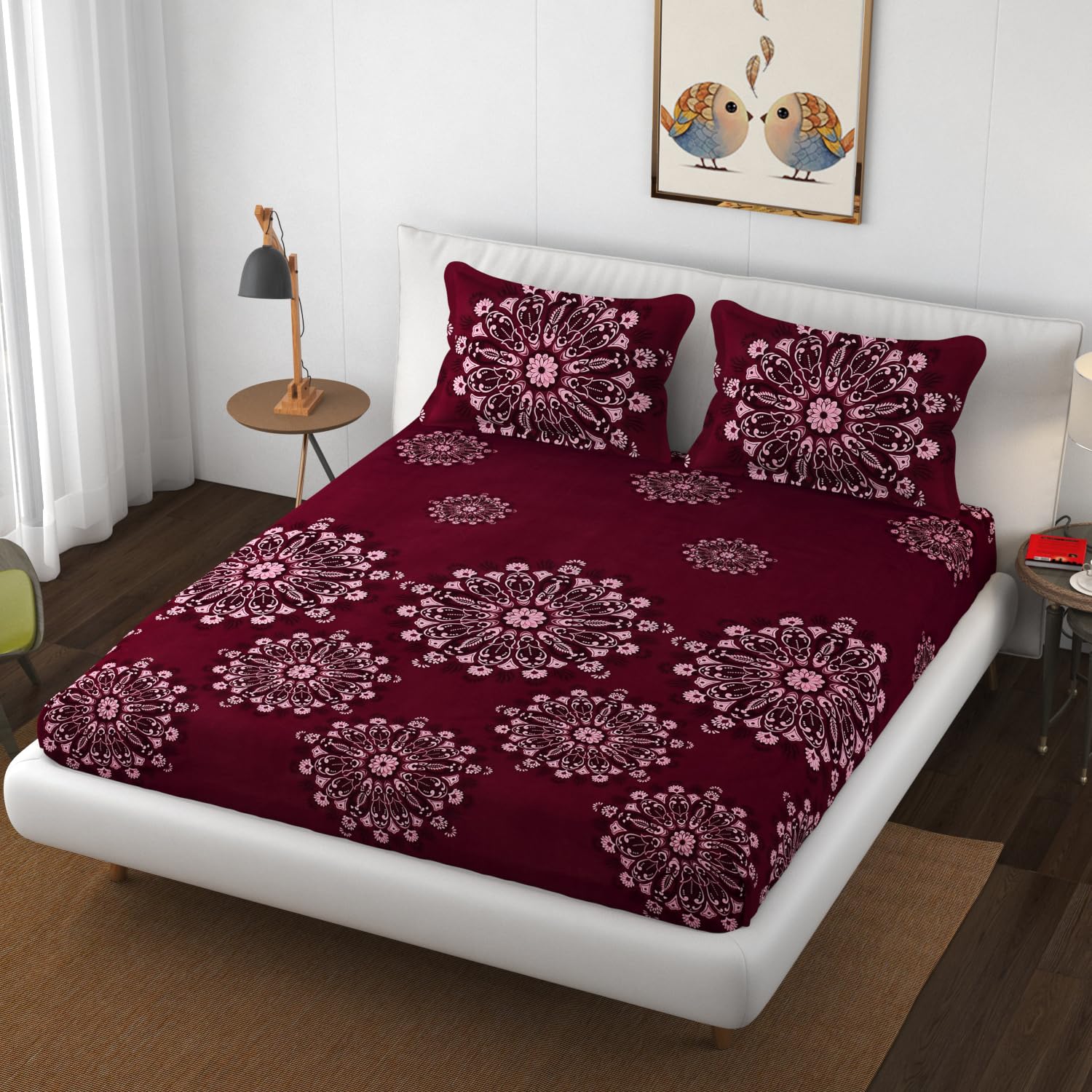 Premium Heavy Cotton Elastic Fitted Bedsheets With 2 King Size Pillow Covers | 72 X 78 Inches, Maroon - Double Bed With All Around Elastic | 350 Thread Count