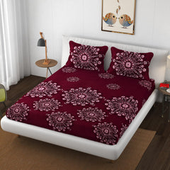 Premium Heavy Cotton Elastic Fitted Bedsheets With 2 King Size Pillow Covers | 72 X 78 Inches, Maroon - Double Bed With All Around Elastic | 350 Thread Count
