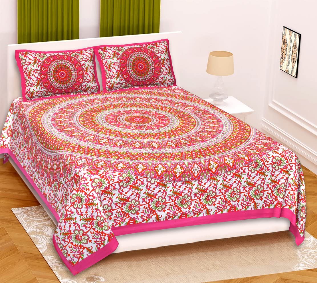 Rajasthani Jaipuri Bedsheets For Double Bed King Size With 2 Pillow Cover - 84 X 93 Inches, Pink & White | Skin Friendly Fabric With Vibrant Colors