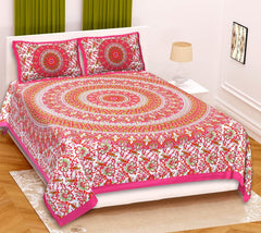 Rajasthani Jaipuri Bedsheets For Double Bed King Size With 2 Pillow Cover - 84 X 93 Inches, Pink & White | Skin Friendly Fabric With Vibrant Colors
