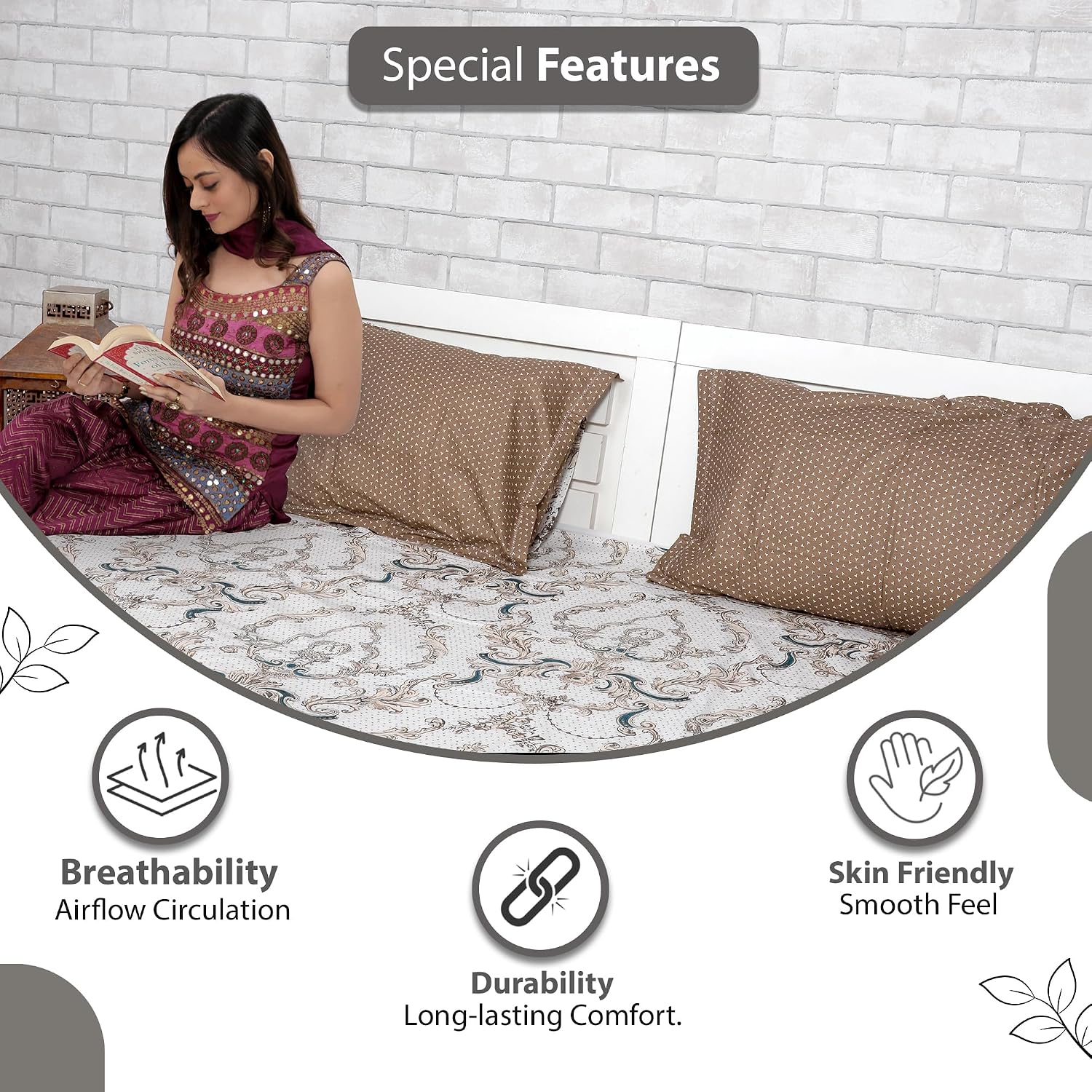 Single Bedsheet With 1 Pillow Cover - 57 X 87 Inches, White & Beige | Designer Printed Bedsheet Set - Naturally Soft, Breathable & Skin Friendly