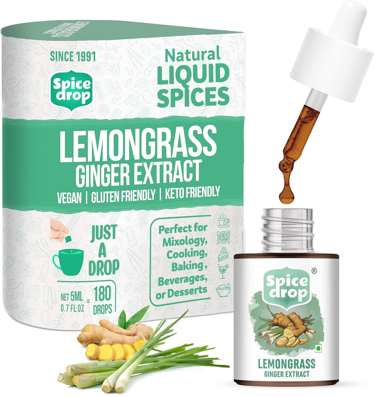 Spice Drop Lemongrass Ginger Extract Tea - 180 Cups, 5ml, 0.1 Fl.Oz. | Contains Lemongrass & Ginger - Chai Masala Drops | No Preservatives, Gluten Friendly, Keto Friendly, Non-GMO