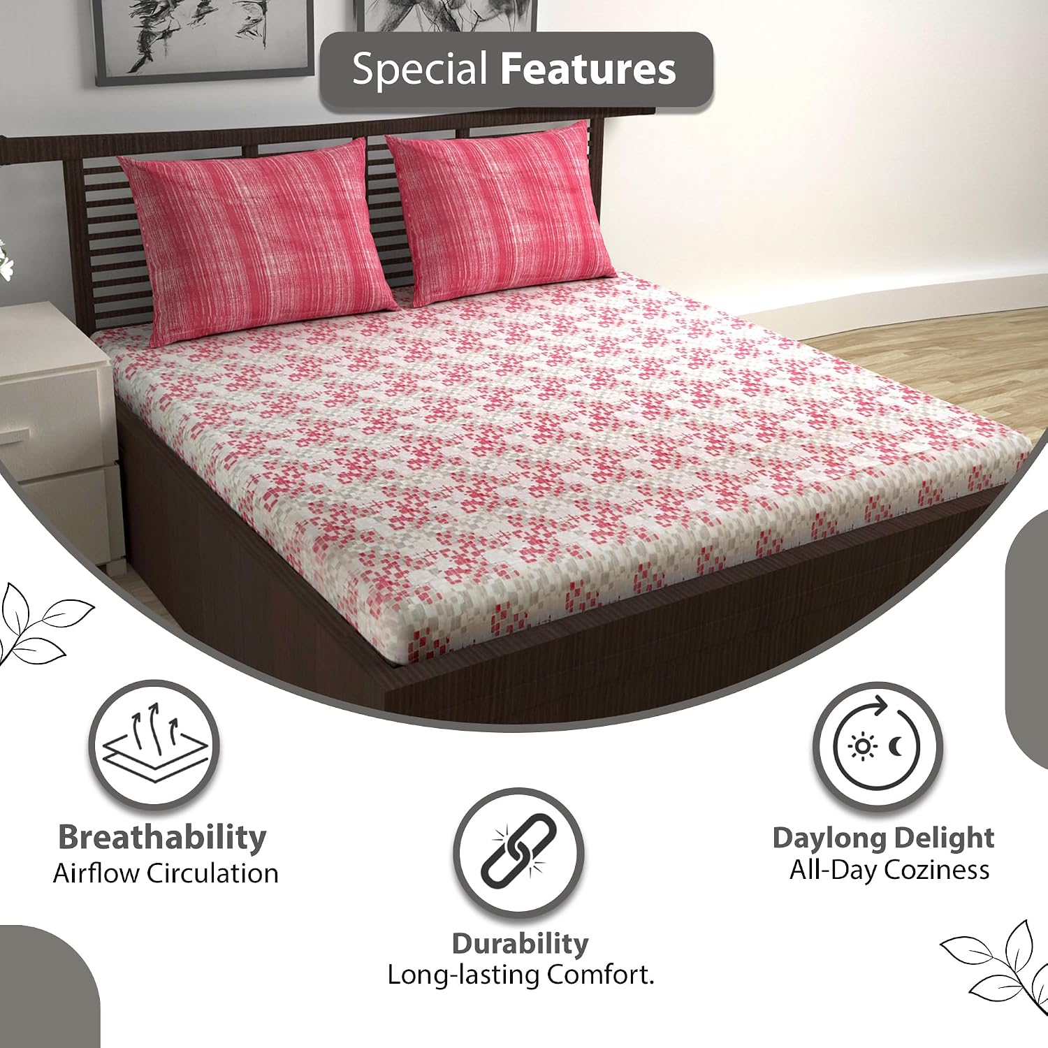 100% Pure Cotton Double Bedsheet For Queen With 2 Pillow Covers - 87 X 100 Inches, Red & Grey | Soft & Durable For Everyday Use & Bedroom - All Season Comfort