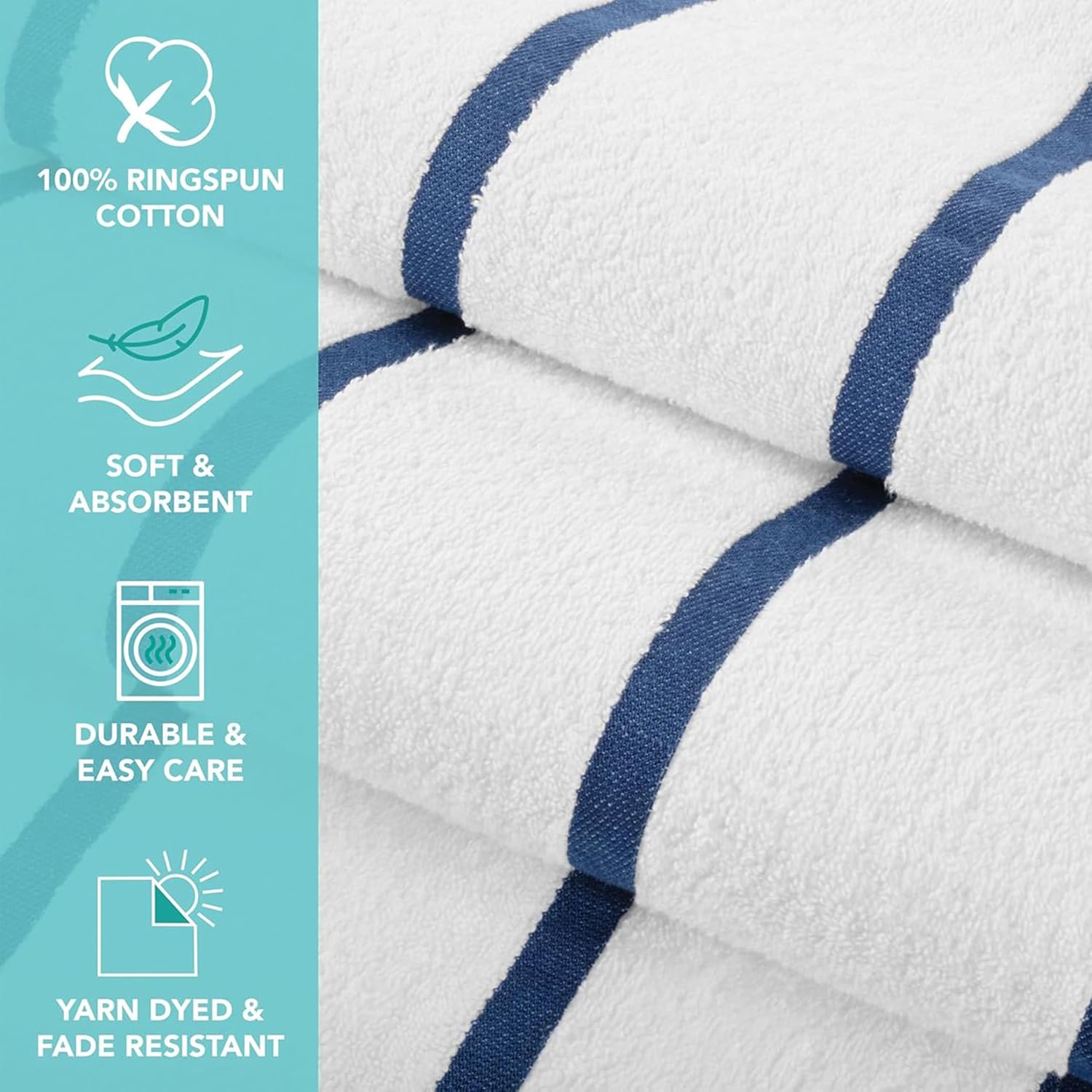 Casa Copenhagen Pack Of 2 Cabana Pool Xl Bath Towels 610 Gsm Cotton Rough & Tough Use Colour (White Navy Stripe)