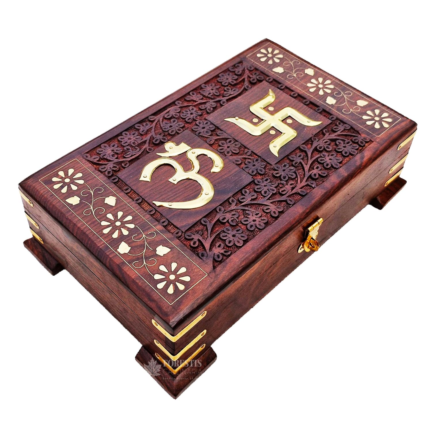 Wooden Om Box For Good Luck Jewellery Box, Decorative Case, Kit, Vanity, Organiser For Women, Necklaces, Cash, Gold, 10 X 6 Pious Galaxy Pedestal, Material - Rosewood, Brass, Colour - Brown