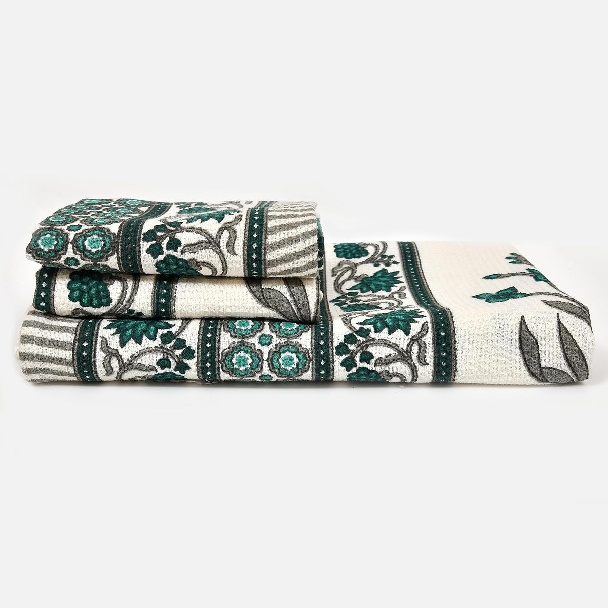 Easygoods Waffle 1 Bath & 2 Hand Towels Beautiful Pure Cotton Hand Block Printed Soft Water Absorbent Towels 250 Gsm (Garden Green) | Pack Of 3