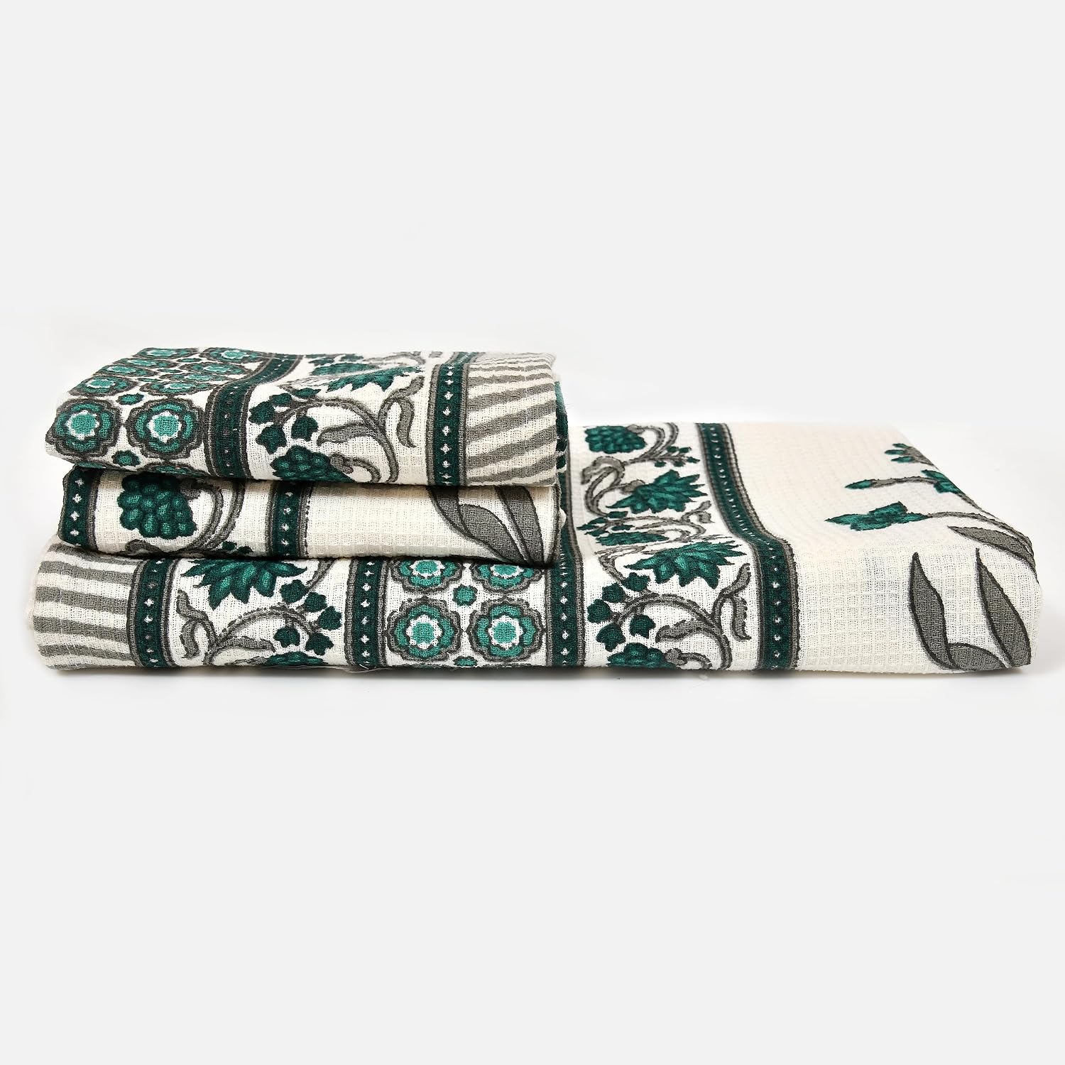 Mafatlal Madhuban Premium Waffle Cotton 1 Bath & 2 Hand Towel 700 Gsm | Hand Printed Quick Dry, Soft & Absorbent Towel (Biscay Bay) - 3 Pcs