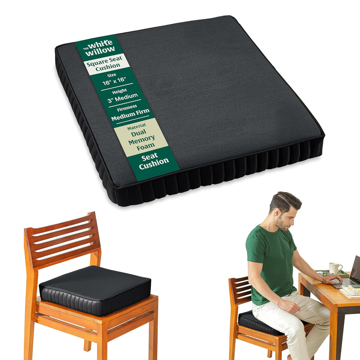 Chair Cushion Pad, High-Resilience & Memory Foam Pillow, Standard Size - 16 L X 16 W X 3 H Inch | Seat Cushion For Chair, Hip Support & Back Pain Relief | Sitting Pillow - Set Of 1