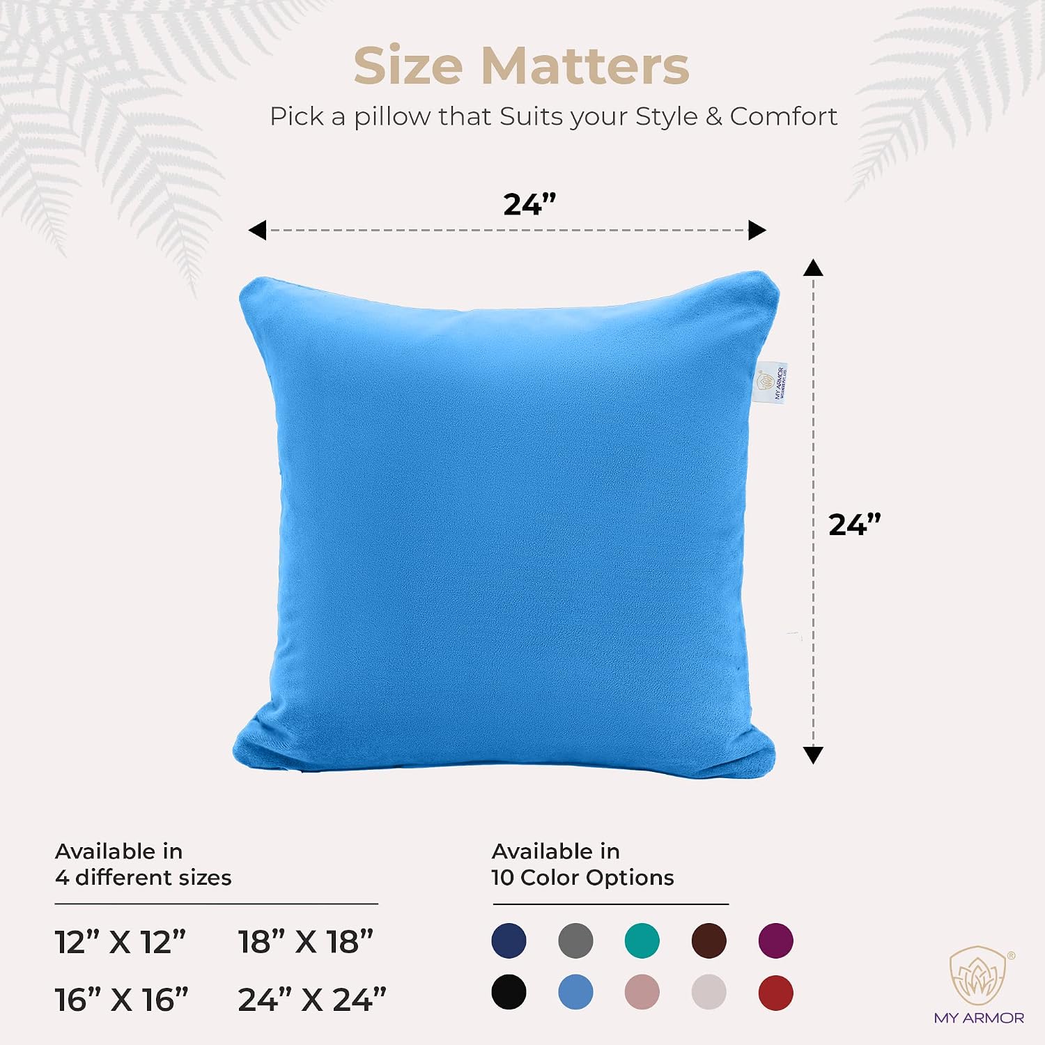 Microfiber Square Soft Pillow Cushion For Sofa & Bed, Sky Blue - 24 X 24 Inch | Fluffy Pillow For Comfort & Back Support | Washable, Premium Velvet Outer Cover With Zip - Pack Of 1
