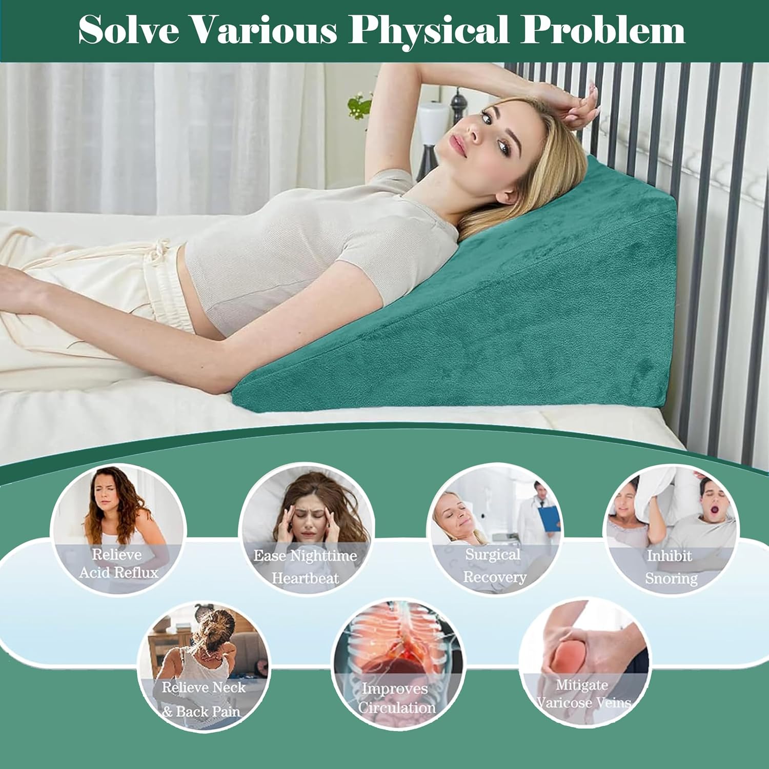 Wedge Pillow, Back Support Pillow For Neck Pain, Medium Firm, Green Color | Pillow For Headaches, Reflux, Shoulders, Back Pain & High Resilience, Velvet Fabric, Adjustable Pillow - Pack Of 1