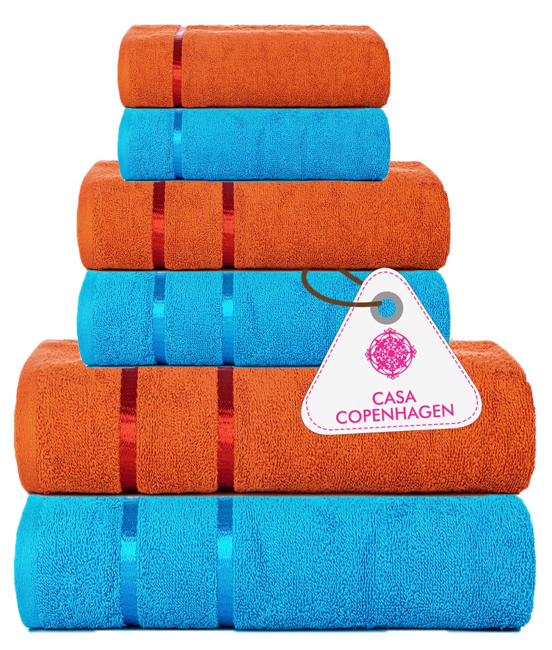 Casa Copenhagen Denmark Design 2 Bath + 2 Hand & 2 Washcloths Towels 1800 Gsm | He & She Super Soft Collection 100% Cotton 6 Piece Towel Set - Hawain Ocean & Orange