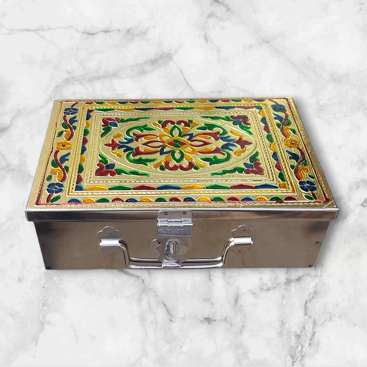 Stainless Steel Storage Boxes, Cash, Pooja Peti, Organizer, Vanity Box, Safe Locker, Cash Box With Handicrafts Digital Meenakari Laser Print Design - 9 Inch, Colour - Multicolour