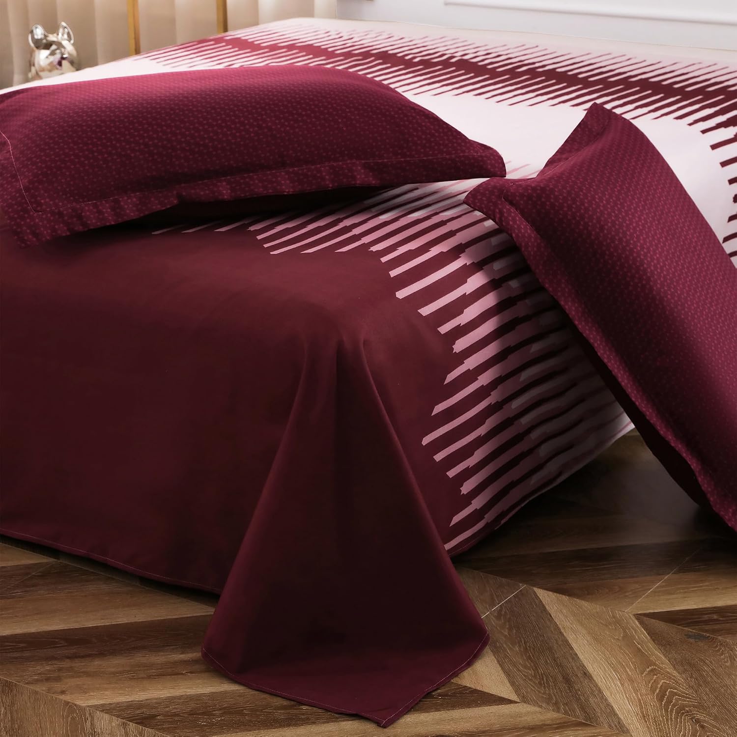 Bedsheets For Double Bed With 2 Pillow Cover - 92 X 98 Inches, Maroon & White | Satin Finish Microfiber Queen Size Bedsheet | Skin Friendly & Breathable Fabric