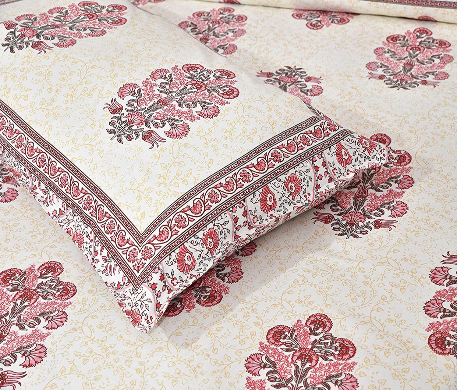 100% Cotton Jaipuri Bedsheet For King Size (90 X 103 Inches, Cream & Pink) With 2 Pillow Covers | Perfect For Everyday Use, Guest Rooms, Or Gifting On Special Occasions