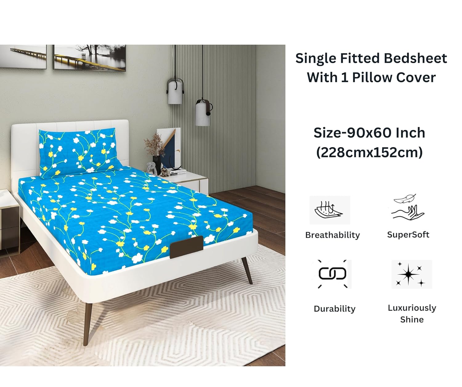 Glace Cotton Super Soft Bedsheets Single Bed Size (60 X 90 Inch) With 1 Pillow Cover | All Around Elastic Fitted Bedsheets, Sky Blue