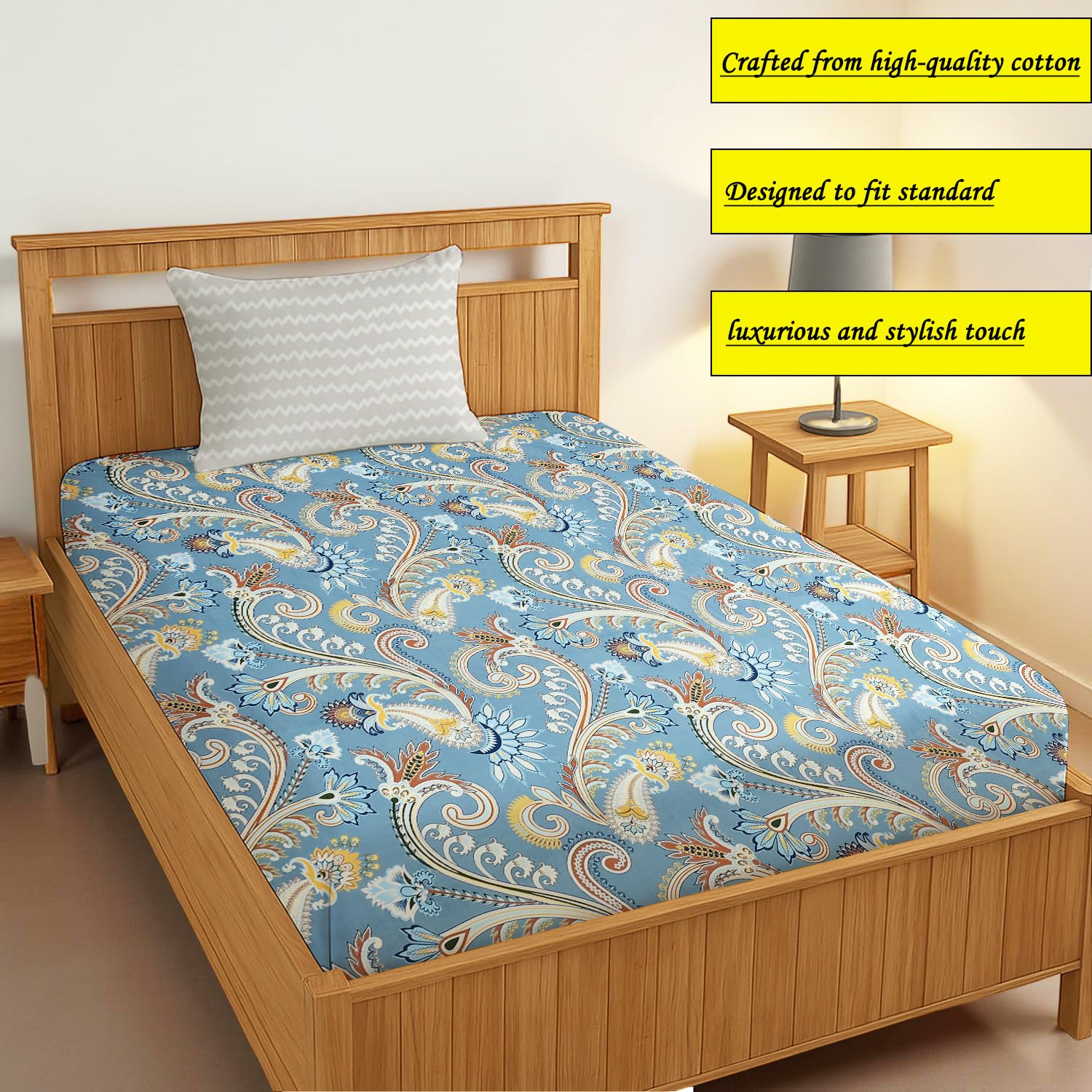 Print Cotton 1 Single Bedsheet With 1 Pillow Cover - 60 X 90 Inches, Grey & Royal Blue | Soft & Breathable Fabric, Skin-Friendly Bed Sheet For All Seasons