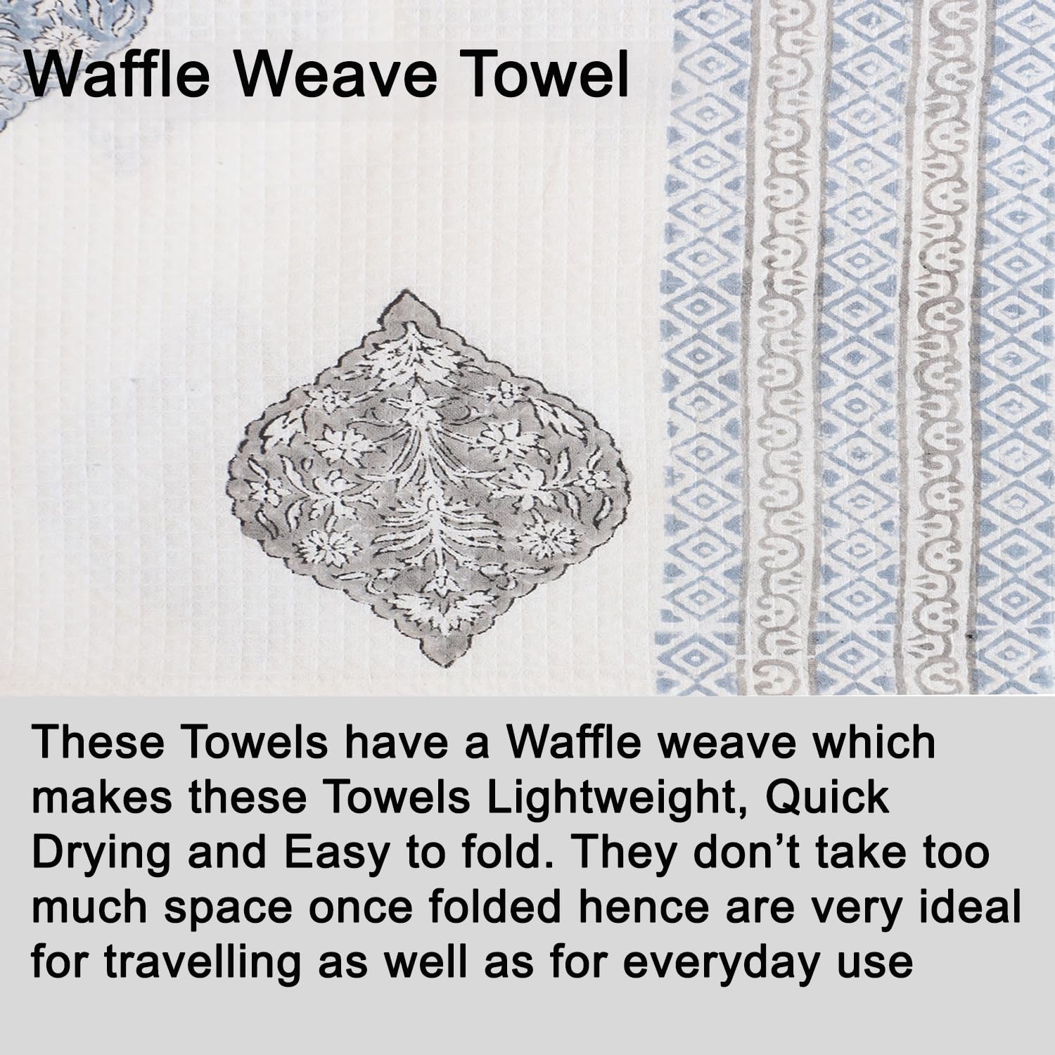 Urbano Homz 100% Cotton Large Size Waffle Weave Bath Towel 200 Gsm | Lightweight & Quick Dry Waffle Weave Ethnic Soft Towels (Grey)