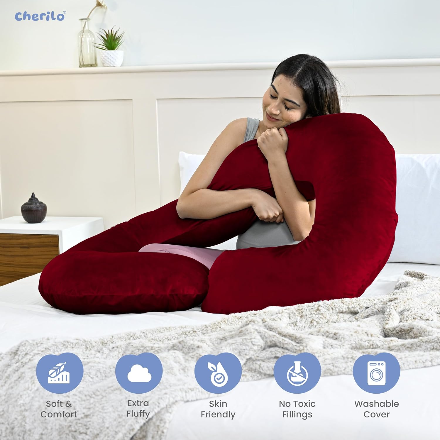 C Shaped Pregnancy Pillow For Maternity & Baby Nursing, Full Body Support, Maroon | Abdomen, Spine, Neck & Head Support Cushion | Premium Velvet Outer Cover With Zip, Adjustable Pillow
