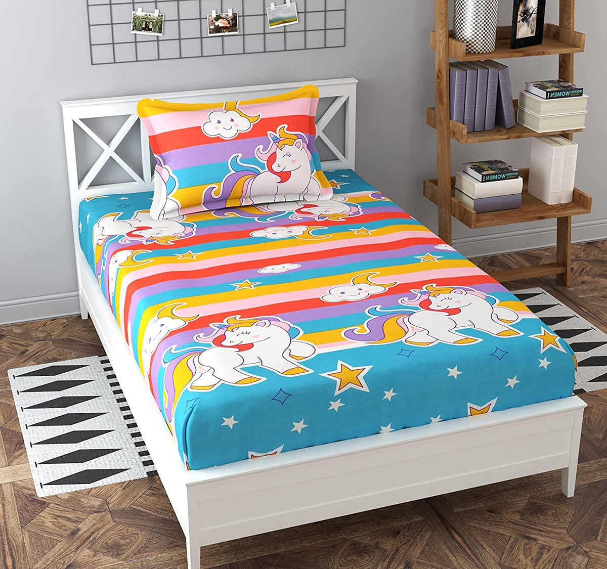 Kids Single Bedsheet With 1 Pillow Cover & Single Comforter | 60 X 90 Inches, Multicolor - Especially For Child Bedroom