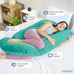 Full Body G Shape Pregnancy Pillow, For Pregnant Women & Nursing Mom, Aqua Green | Single Pillow For Multipurpose Use During Maternity | Premium Velvet Cover With Zip, Adjustable Pillow