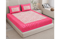 Printed Bedsheet For Double Bed With 2 Pillow Covers - 83 X 94 Inches, White & Pink | Ideal For Hotel, Guest House, Home | Traditional Jaipuri Bedsheets