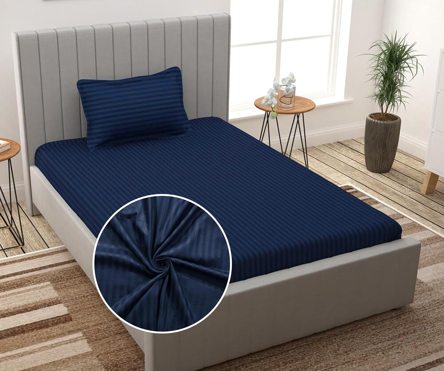 Striped Single Bedsheet With 1 Pillow Cover 60 X 90 Inches, Navy Blue | Comfortable & Durable | Elegant Printed Bedding Set For Daily Use