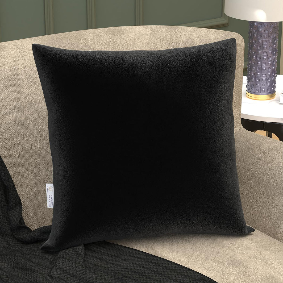 Microfiber Square Soft Pillow Cushion For Sofa & Bed, Black - 24 X 24 Inch | Fluffy Pillow For Comfort & Back Support | Breathable, Washable | Premium Velvet Cover With Zip - Pack Of 1