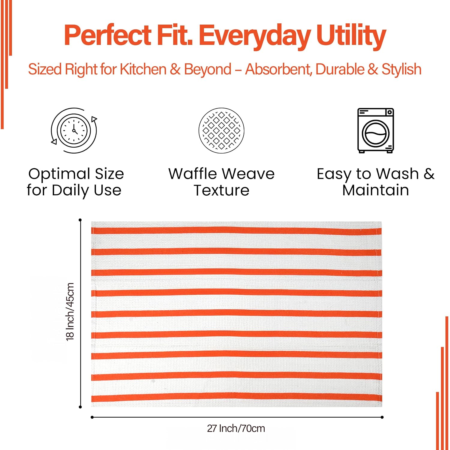 Linensutra Cotton Kitchen Towels 550 Gsm | Striped, Super Absorbent, Lint-Free (Orange, Black & Brown)- Pack Of 6