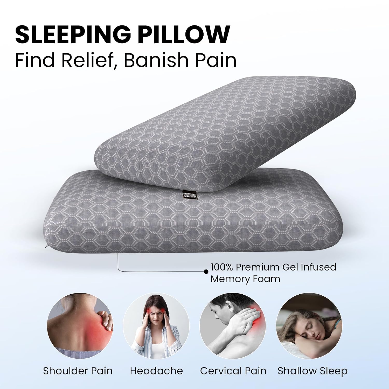 Ventilated Cooling Gel Memory Foam Pillow, Orthopedic Pillow - 22x15x5 Inch | Grey, King Size, For Sleeping & Neck Pain Relief With Premium Removable Zipper Cover | Long-Lasting - Pack Of 2