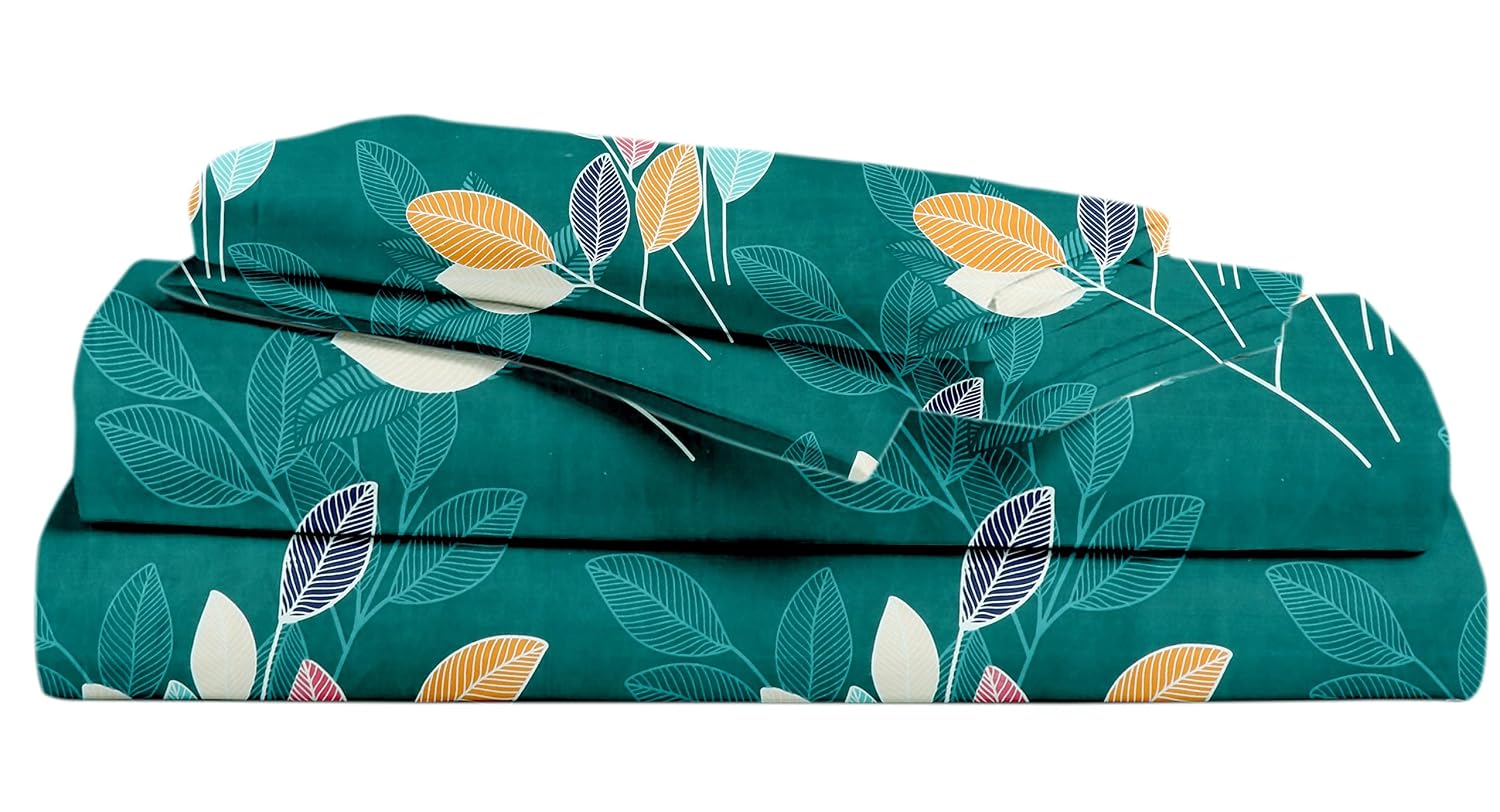 Printed Double Bedsheets With 2 Pillow Covers - Size-78 X72+8 Inches, Dark Green | Queen Size Bed With All Around Elastic Breathable Long Lasting