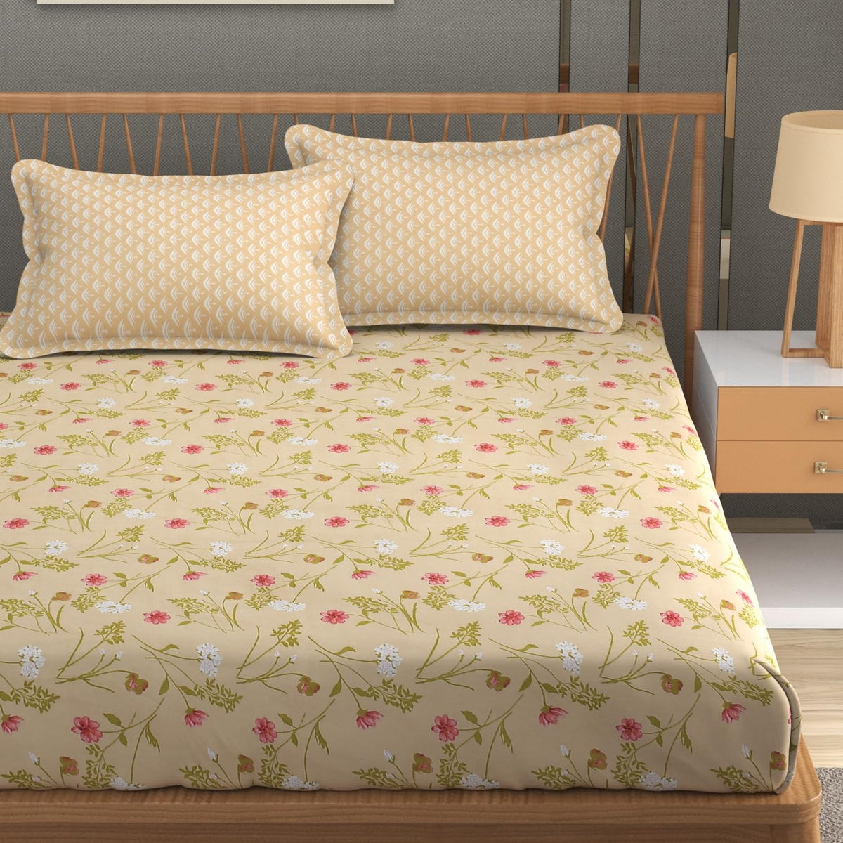 Printed King Size Bedsheet With 2 Pillow Cover - 108 X 108 Inches, Cream | Double Bed Breathable & Wrinkle Free | All-Season Comfort Bedsheet