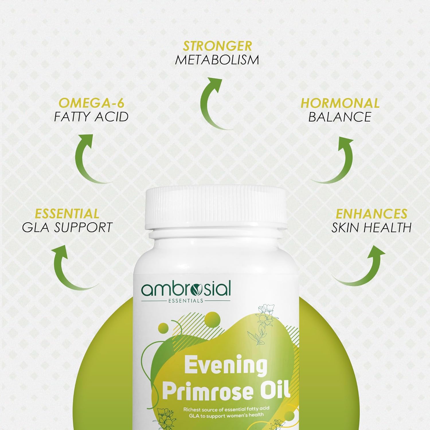 Ambrosial Evening Primrose Oil Epo 1000mg Rich Source Of Omega 6 & Gla | Non - Gmo, Gluten Free No Artificial Preservatives | 60 Softgels 100gm 0.2lbs Each Pack Of 2