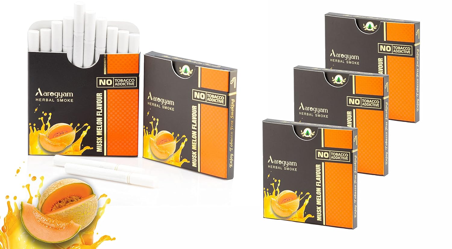 Aarogyam Herbals 100% Tobacco & Nicotine Free Cigarette For Relieve Stress & Mood Enhance Product For Smokers - 10 Sticks In Each Packet Muskmelon Flavour, Pack Of 5
