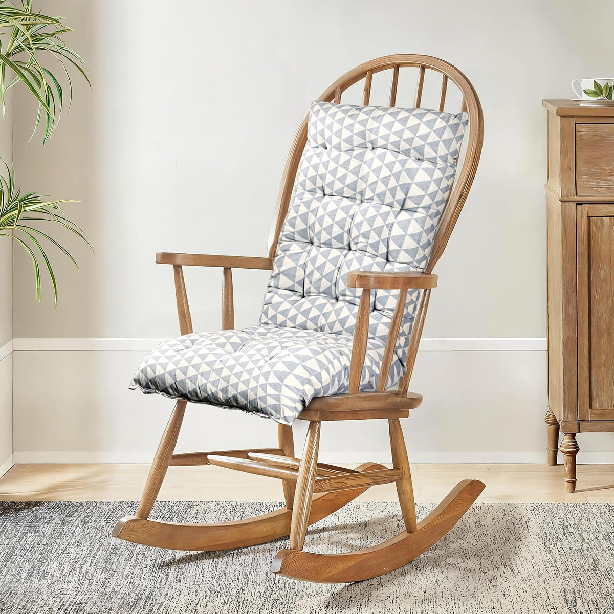 Extra Long Chair Cushion For Comfortable Sitting, Triangle Printed, Grey - 18 X 48 Inch | Rocking Chairs For Indoor & Outdoor | Cushion For Home, Office | Back Rest Support Cushion With Ties