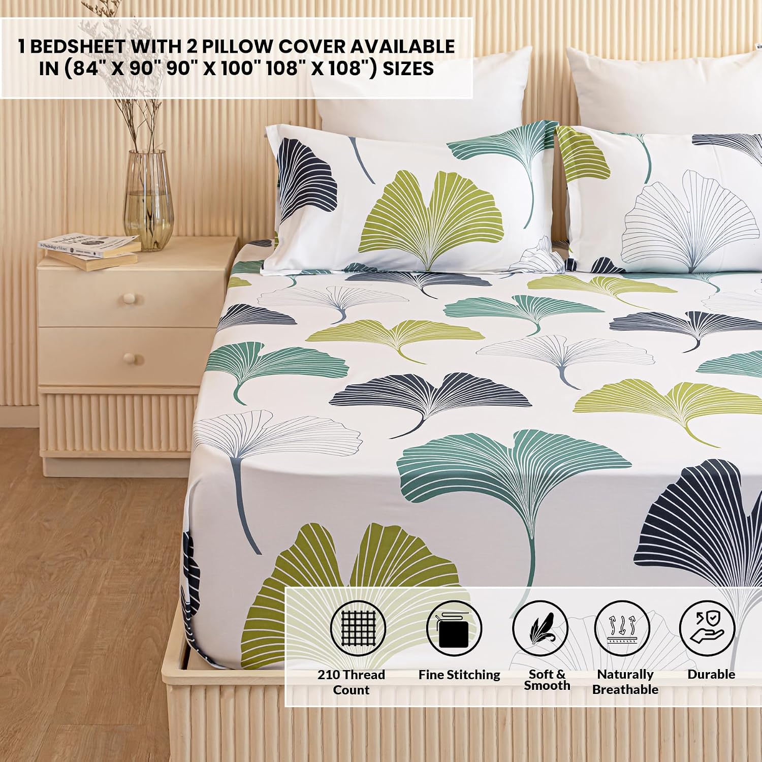 White & Green King Size Bedsheet With 2 Pillow Covers - 108 X 108 Inches | Luxurious Printed Flat Sheets | Perfect For Home Decor & Gifting