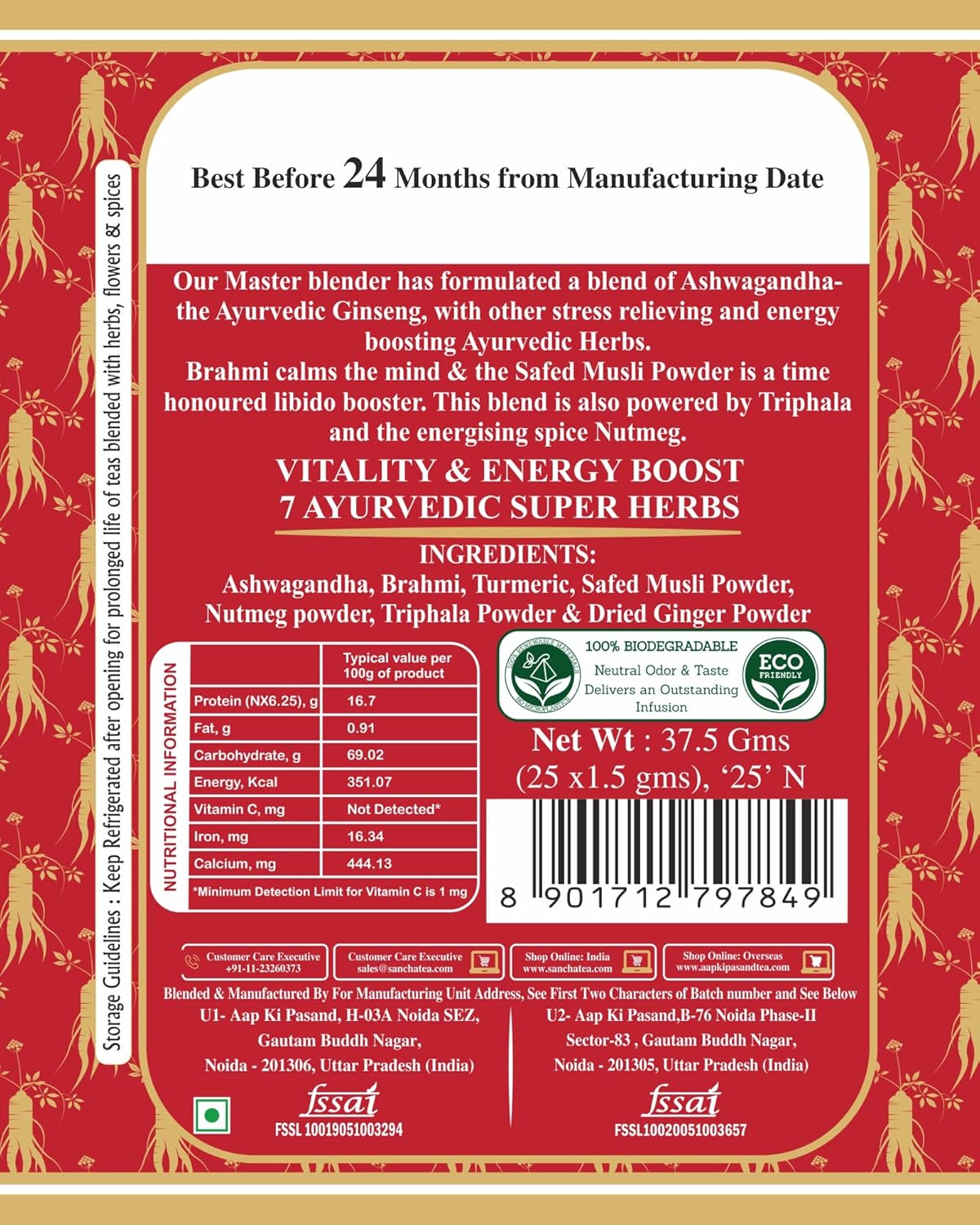 San-Cha Ayurvedic Ginseng Tea - 25 Pyramid Tea Bags | Enhance Energy, Blended With Rich Antioxidant - Zero Caffeine | Pure Herb & Spice Blend