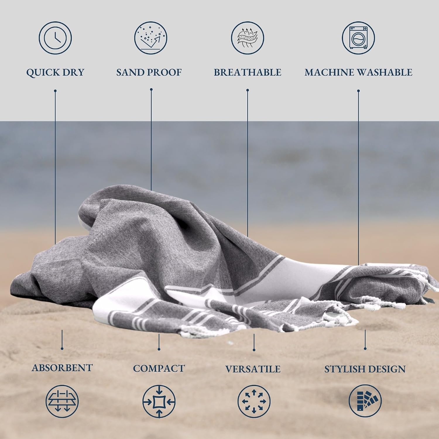 Lane Linen Large Beach Towels 699 Gsm | Oversized, Pre-Washed, No-Shrink Sand Free, Quick Dry, Lightweight Travel Towel- Smoky Black (2 Pack)