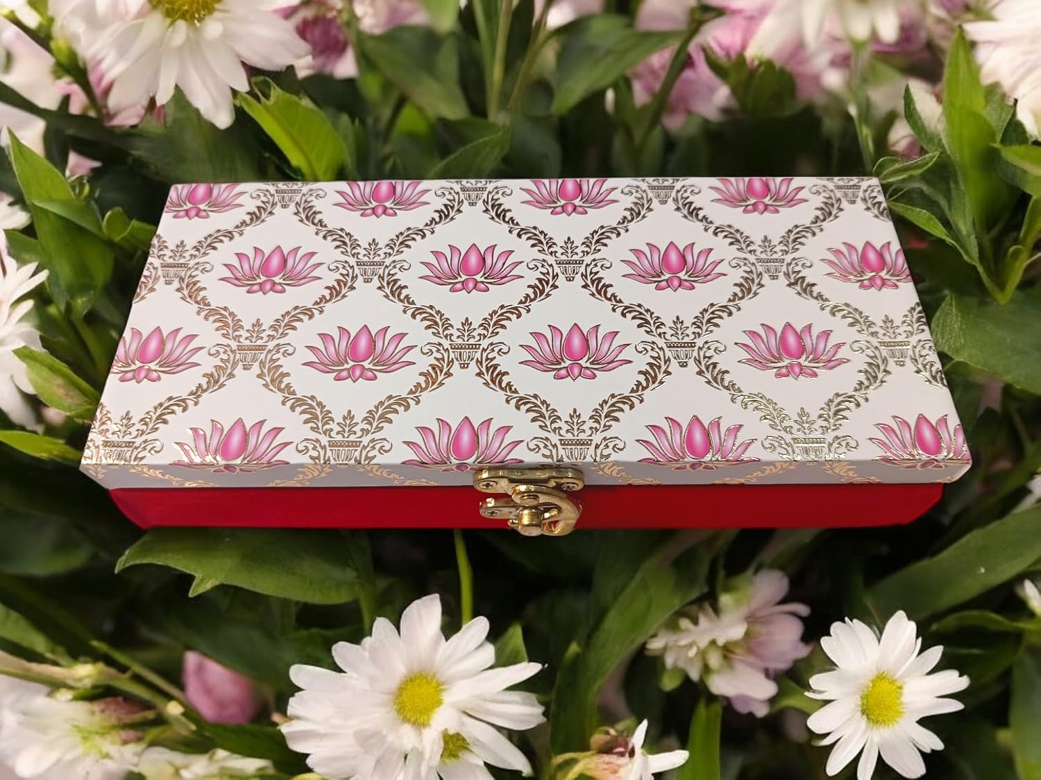 Premium Decorative Designer Mdf Gifting Cash Box For Wedding Shagun Cash Jewellery Money Envelope Geometric Acrylic Design, Lotus Flower, Colour - Pink