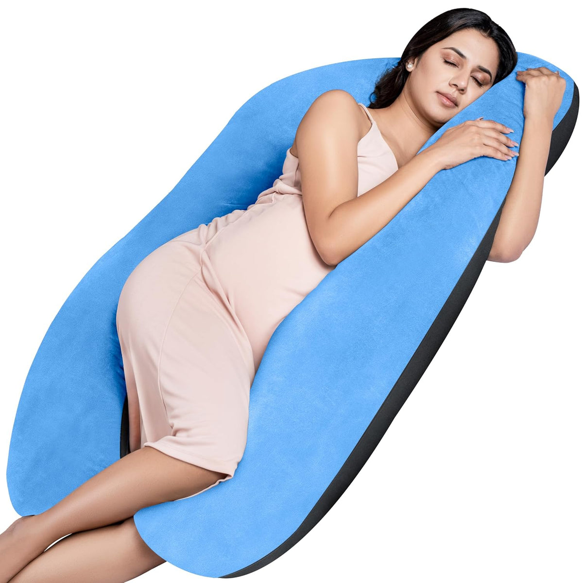 Full Body U Shape Pregnancy Pillow For Women, Maternity Pillow, Black & Sky Blue | Pillow Gift For Pregnancy Sleeping, Premium Velvet Cover With Zip | Adjustable & Washable, Relieves Pain
