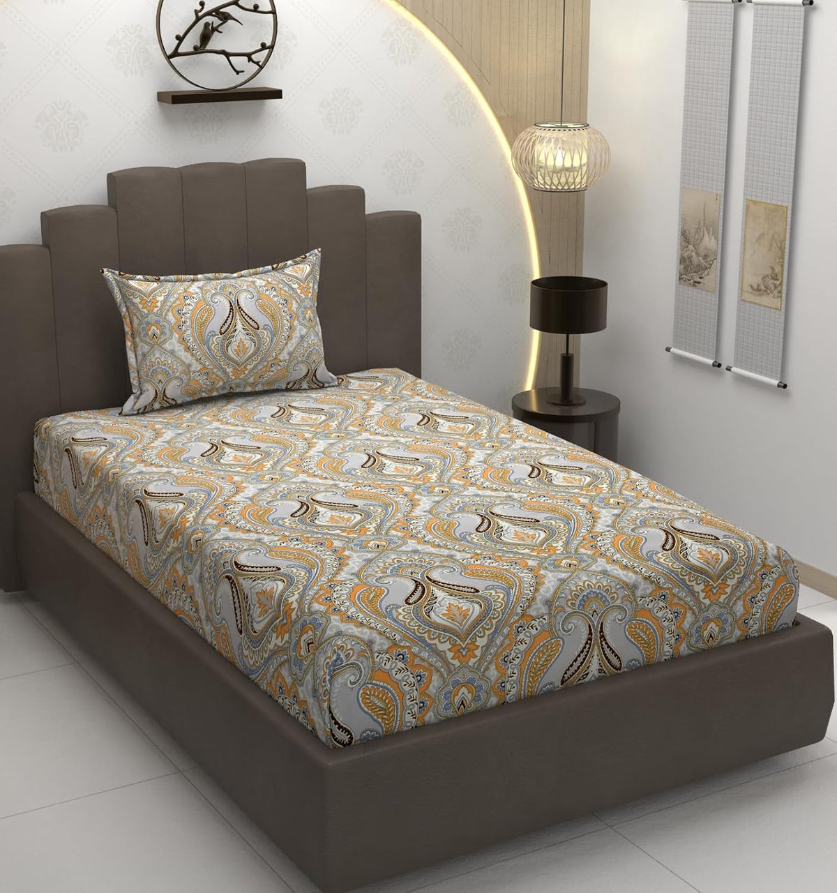 Cotton Elastic Fitted Bedsheets Single Bed With 1 Pillow Covers - 36x78x8 Inches, Multicolor | Coordinated Print Design Bedsheet | 210 Thread Count
