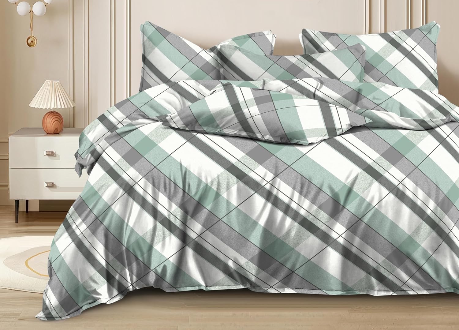 Cotton Elastic Fitted Printed Queen Size Double Bed Bedsheet With 2 Pillow Cover | 60 X 78 Inches, Grey & Green - Soft Touch, Wrinkle Resistant, Skin Friendly